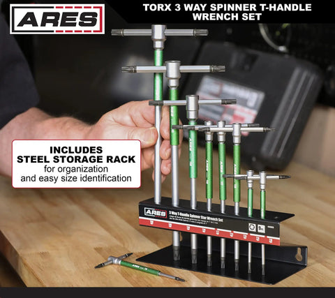 9 Piece Torx T-Handle Spinner Wrench Set With Sliding Grip And Spinning Sleeve, T10 Through T50 Sizes in steel rack on workbench