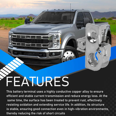 Positive And Negative Battery Terminal Set For Ford Super Duty F 250 350 450 And Chevy Silverado 2500 3500 Replaces BT4Z 14450 SD BT4Z 14450 BA Copper Alloy Rugged And Corrosion Resistant High Performance Electrical System Upgrade.