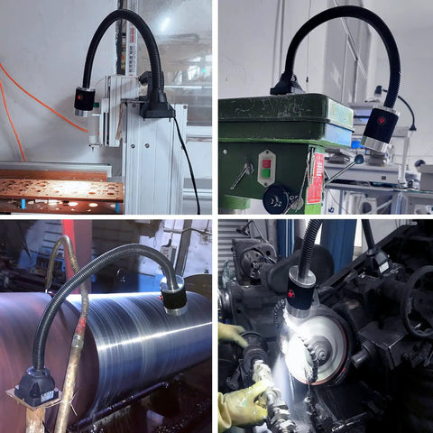 Hardworking 900 Lumens LED Shop Light With IP65 Waterproof Rating, Flexible 20 Inch Gooseneck Work Lamp attached to various machines