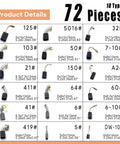 Pro Grade Electric Motor Carbon Brush Set 72 Pc In 18 Sizes shown with dimensions and types for power tools repair.