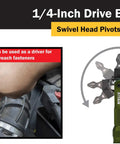 One Quarter Inch Drive Swivel Head Micro Ratcheting Bit Driver with hand using in engine bay, showing 250-degree pivot