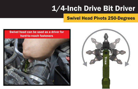 One Quarter Inch Drive Swivel Head Micro Ratcheting Bit Driver with hand using in engine bay, showing 250-degree pivot
