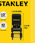 Close-up of Stanley 1 Inch Wide Ratchet Strap mechanism with 10 Feet length, dimensions shown on yellow background.