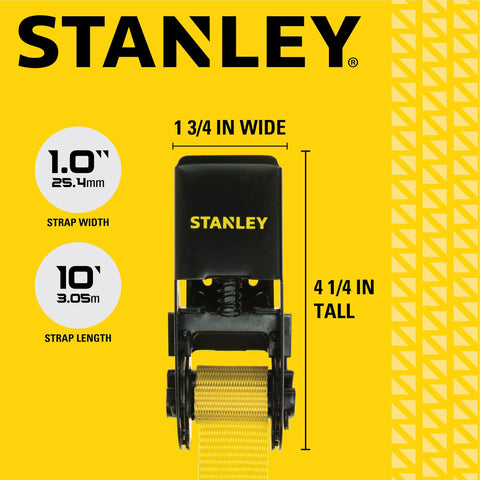 Close-up of Stanley 1 Inch Wide Ratchet Strap mechanism with 10 Feet length, dimensions shown on yellow background.