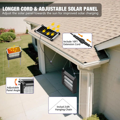 Powerful 4500V Mosquito Zapper With Panel Sensor installed on roof with 10 ft extension cord, solar panel on roof, chain hanging