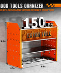 Power Tool Organizer Wall Mount With Charging Station Four Tier Garage Storage Rack Including Cordless Drill Holders And Side Tool Racks For Pliers Hammers And More Orange, dimensions labeled, 150 lbs capacity