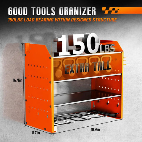 Power Tool Organizer Wall Mount With Charging Station Four Tier Garage Storage Rack Including Cordless Drill Holders And Side Tool Racks For Pliers Hammers And More Orange, dimensions labeled, 150 lbs capacity