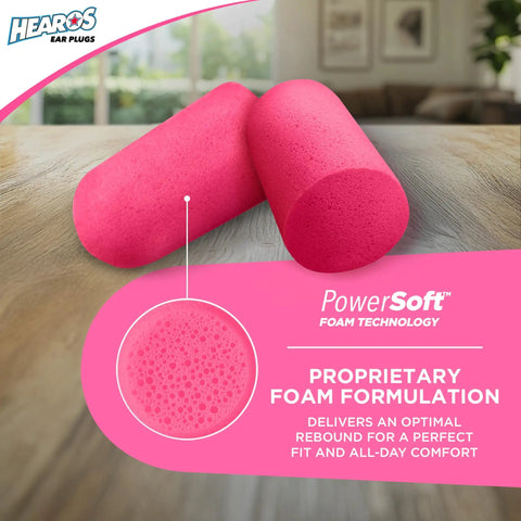Sleep Pretty In Pink Earplugs For Sleep, 56 Pairs, NRR 32, PU Foam, Petite Size shown with PowerSoft foam technology detail