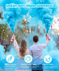 Epic Giant Gender Reveal Fire Extinguisher Pack With Blue Smoke Bombs And Dope Biodegradable Color Blaster For Hype Baby Shower Party Supplies in use, spraying vibrant blue cornstarch powder.
