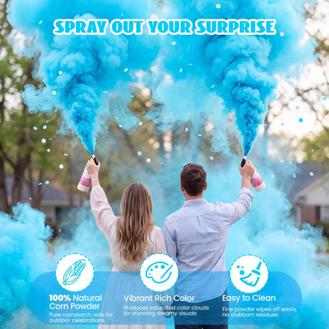 Epic Giant Gender Reveal Fire Extinguisher Pack With Blue Smoke Bombs And Dope Biodegradable Color Blaster For Hype Baby Shower Party Supplies in use, spraying vibrant blue cornstarch powder.
