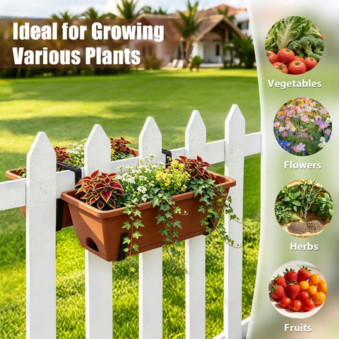 Straight Up Level Up Your Porch With These Four Pack Railing Planter Boxes Featuring Double Sided Adjustable Brackets mounted on a white fence housing various plants.