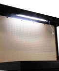 Heavy Duty 48 Inch Workbench With Power Outlets And Light, black finish, features pegboard, upper shelf with built-in light