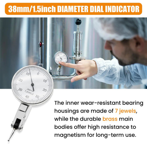 Big Face Dial Indicator 0.0001 Inch Resolution With Brass Body And 7 Jewels Bearings For Machinists And Engineers Pro Grade Imperial 1.5 Inch Dial Gauge For Precision Inspection And Measurement