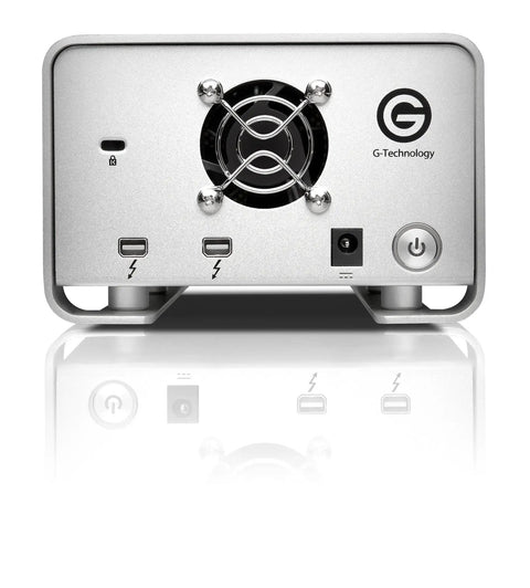 Thunderbolt Dual Drive Storage System 8TB Ultra Fast Data Transfer For Pro Workflows With Dual Thunderbolt Ports Dope Performance For Multi Stream HDV DVCPro HD XDCAM HD And ProRes 422, silver G-Technology front view