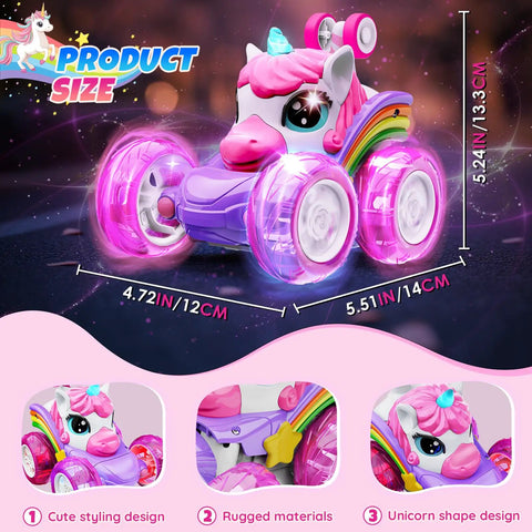 Unicorn Pink Remote Control Car For Girls, 360 Degree Rotating RC Stunt Car displayed with LED lights and product dimensions