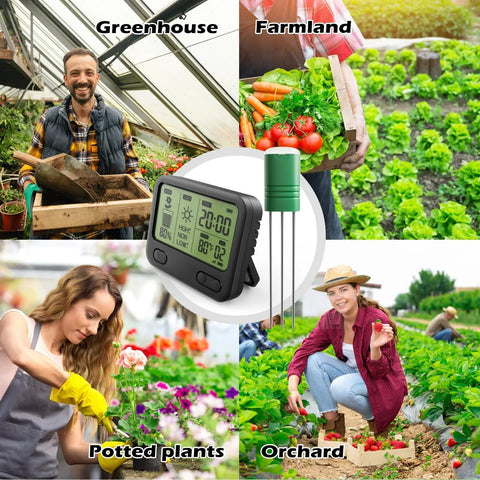 Expandable Twelve Zone Wireless Plant Monitor Kit With Indoor LCD Hub And TDR Four In One Plant Water Meter 230 Ft RF Range IPX5 Waterproof For Indoor Outdoor Garden Yard Farm Display Plus Two Probes