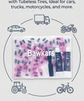 65 Piece Tire Repair Kit with rubber nails, black sealant tubes, and screw-in plugs, shown with vehicles illustration.