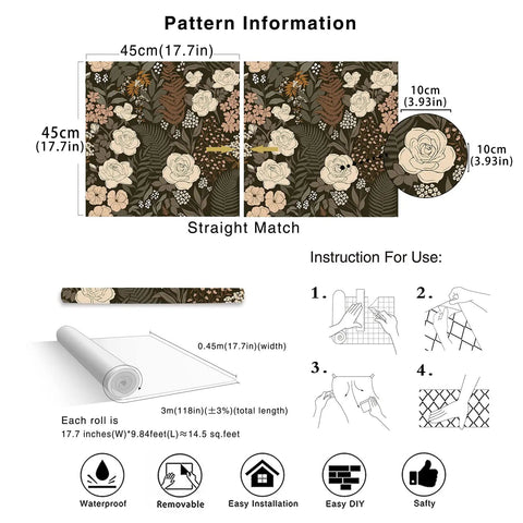 Pattern details for Peel And Stick Floral Wallpaper Removable Mural With Vintage Rose Leaf Pattern in Black Brown and Beige.