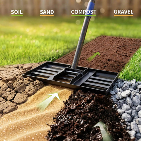 6 Foot Lawn Leveling Rake With 17 By 10 Inch Head For Smooth Grass Soil Dirt And Sand leveling soil, sand, compost, and gravel