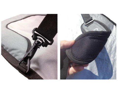 Close-up of buckle and strap detail on Boosted 20mm Foam Nose And Tail Protection Foil Bag For Wing Foil And SUP Boards Travel Ready Case