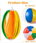 4 Pack 20 Inch Rainbow Beach Balls Large Inflatable Pool Toys For Parties Decorations For Adults And Kids Luau Summer Beach Water Games Beach Ball Favors shown deflated and inflated with size dimensions.