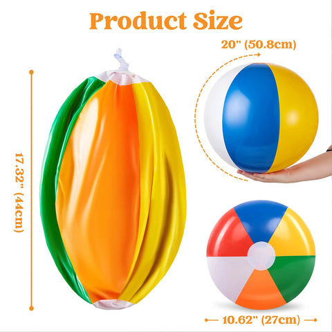 4 Pack 20 Inch Rainbow Beach Balls Large Inflatable Pool Toys For Parties Decorations For Adults And Kids Luau Summer Beach Water Games Beach Ball Favors shown deflated and inflated with size dimensions.