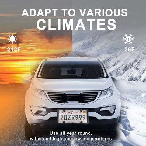 Car with Clear License Plate Cover And Frame Set 2 Pack in contrasting hot and cold weather conditions