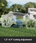 Transparent model of All Terrain Wire Free Robot Lawn Mower showcasing 1.2''-3.9'' cutting adjustment range.
