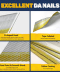 Rock Solid Galvanized Steel 34 Degree Angled Finish Nails 15 Gauge Two Inch Half Length 1200 Count Box For Air Nailers features D-shaped head, chisel point, and yellow coating.