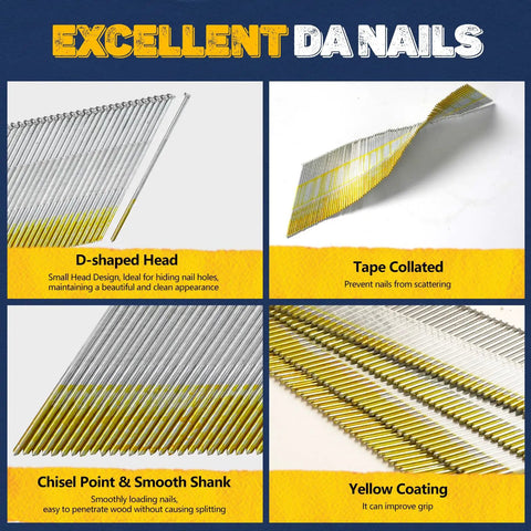 Pro Grade Galvanized Finish Nails Bulk Pack With Rust Resistant Coating For Heavy Duty Woodworking image showing design features, D-shaped head and tape collation.