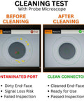Sysotek LC fiber optic cleaning swabs, 1.25 mm, 100-pack; cleaning test shows contaminated port and clean connector