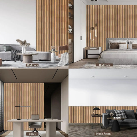 Six Pack Large Acoustic Panels Killer Soundproof Foam Wall Tiles in bedroom and office settings with wooden walls.