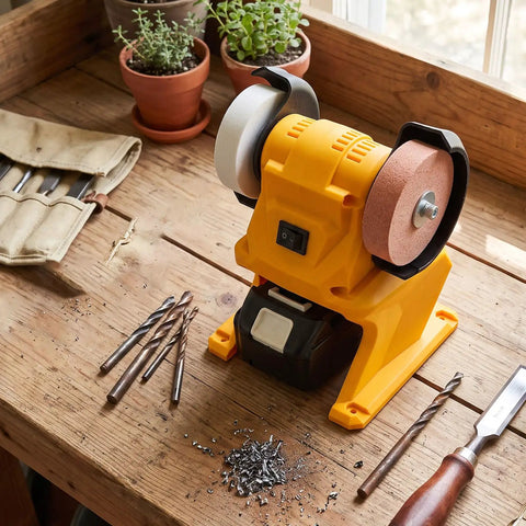 Top Shelf Mini Bench Grinder With 18V Compatible Battery For Precision Sharpening And Metal Polishing Portable Workstand on wooden table.