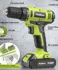 Smooth Operator 20V Cordless Drill Driver With 199 Piece Power Tool Set Including Two Batteries showing key features and LED light.