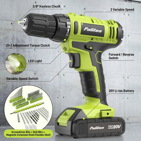 Smooth Operator 20V Cordless Drill Driver With 199 Piece Power Tool Set Including Two Batteries showing key features and LED light.
