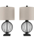 Set Of 2 Black Wrought Iron Table Lamps With Open Cage Design And LED Bulbs, Modern Farmhouse End Table Lighting, Includes Linen Drum Shades
