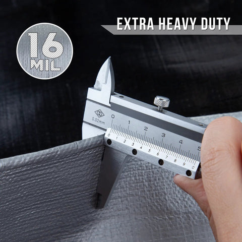 Measuring 16 mil thickness of Beefy 16 Mil Poly Tarp 8x10 Finished Size Waterproof Tarpaulin With Reinforced Edges UV Resistant