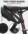 Ultralight Under Seat Bike Saddle Bag For Road Bikes Waterproof Pouch With 0.4 Liter Capacity Wedge Pack No Tools Needed For Install Velcro And Buckles Reflective Stripe For Night Rides, attached under a bike seat with velcro and buckles.