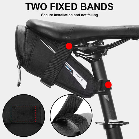 Ultralight Under Seat Bike Saddle Bag For Road Bikes Waterproof Pouch With 0.4 Liter Capacity Wedge Pack No Tools Needed For Install Velcro And Buckles Reflective Stripe For Night Rides, attached under a bike seat with velcro and buckles.