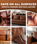 Top Shelf Leather Cleaner And Conditioner Wipes on smooth leather clothing, furniture, shoes, and bags highlighting versatility.