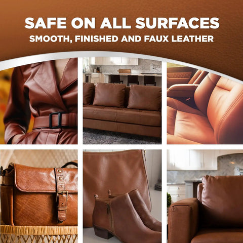 Top Shelf Leather Cleaner And Conditioner Wipes on smooth leather clothing, furniture, shoes, and bags highlighting versatility.