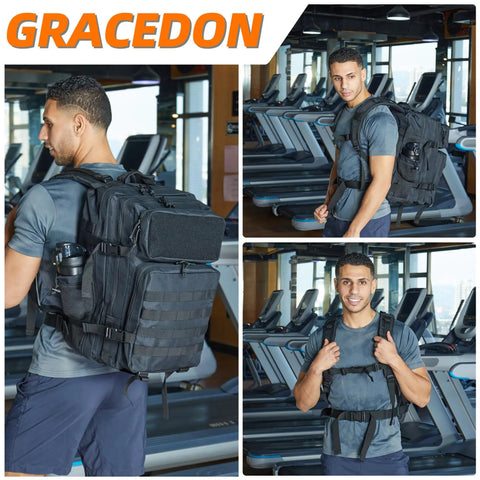 Man wearing Military Tactical Backpack 45L Bug Out Bag For Travel Hiking And Camping Tough Go To Pack Fits 16 Inch Laptop Black