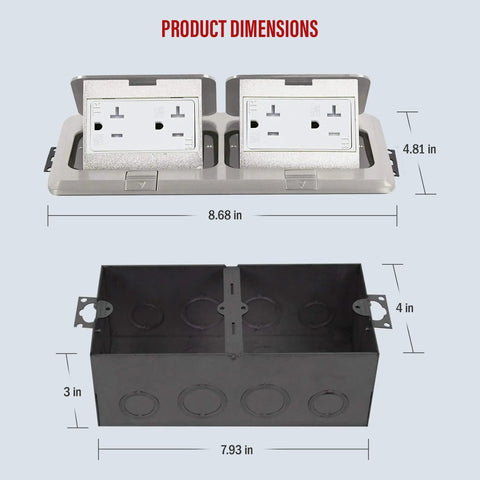 Dual Pop Up Floor Box Kit dimensions with nickel-plated brass cover and 20 amp receptacles for hardwood, carpet, tile floors
