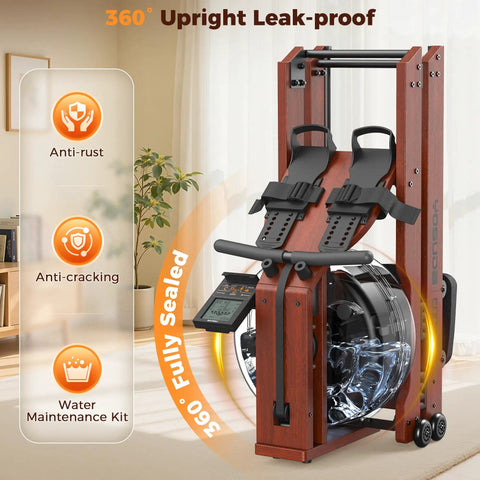 Folded Water Rowing Machine For Home Gym With Foldable Wooden Frame 400 Lb Capacity Upright Position Leak-proof Design