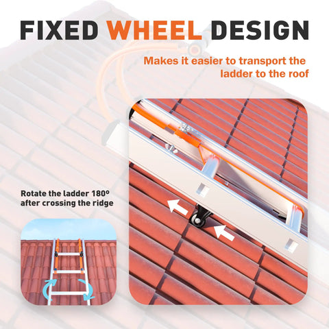Fixed wheel design on Ladder Roof Hook 2 Pack with Wheel Heavy Duty Steel Stabilizer for Damage Prevention on Steep Roofs shown