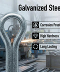 Close-up of galvanized steel cotter pin with features: corrosion proof, high hardness, long lasting; industrial background.