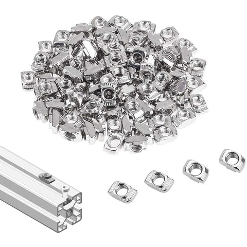 4040 Series M5 T Nuts Hammer Head T Slot Nut Fasteners Nickel Plated Carbon Steel Nuts for Aluminum Profiles, Pack of 100, Shown Uninstalled