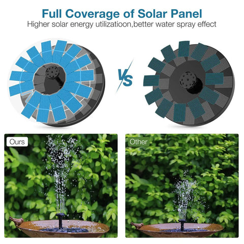 Comparison of Outdoor Solar Fountain Pump 3.5W With 6 Nozzles For Bird Bath, Pond, and Garden Decor, highlighting spray difference.