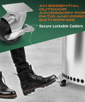 Movable 21 Inch Fire Pit On Wheels Stand with lockable casters, showing boot pressing lock mechanism, silver base close-up