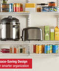 36 Inch Pantry Shelf System With Direct Wall Mount, 4 White Wire Shelves And Mounting Hardware Included, Heavy Duty Closet And Pantry Organizer For Home Storage, Fits 3 Feet Of Horizontal Space with kitchen appliances and food items organized.
